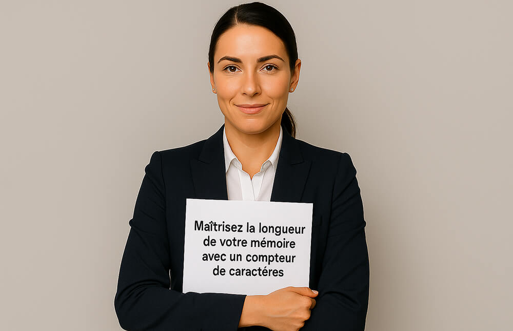 Femme professionnelle tenant un document blanc sur fond neutre, illustration d’un article sur la longueur d’un mémoire.