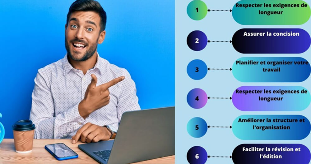 Homme souriant devant un ordinateur pointant une infographie sur la maîtrise de la longueur d’un mémoire.