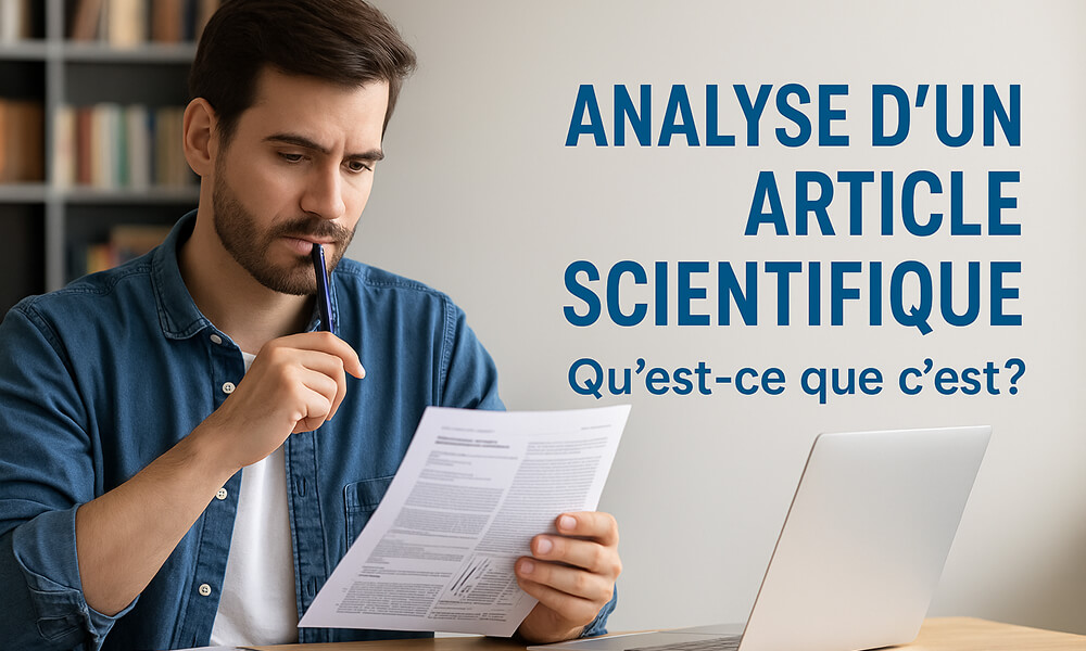 Étudiant concentré lisant un article scientifique à son bureau avec un ordinateur portable et des notes, illustrant l’analyse d’un article scientifique.