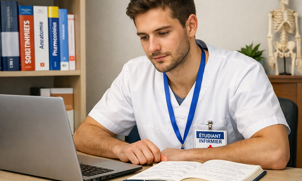 Étudiant infirmier concentré à son bureau, relisant ses notes sur ordinateur portable pour finaliser la conclusion de son TFE, avec livres de soins infirmiers en arrière-plan