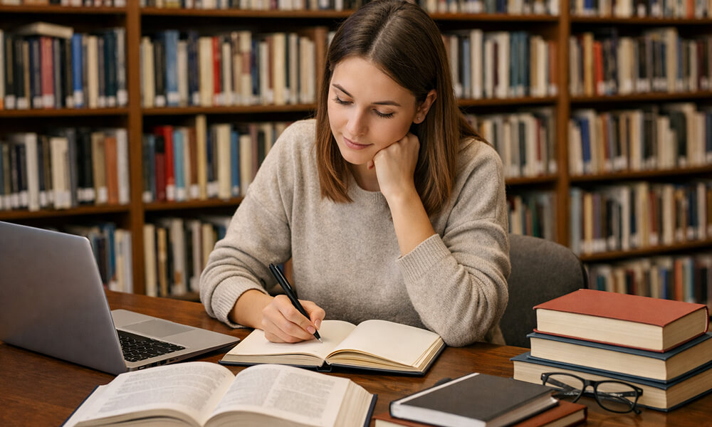 Étudiante travaillant sur les objectifs d’un mémoire dans une bibliothèque universitaire avec ordinateur portable, livres ouverts et carnet de notes