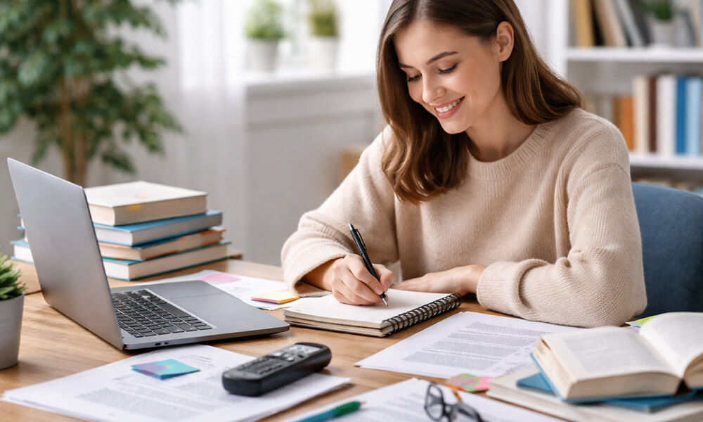 Étudiante assise à un bureau, prenant des notes au stylo, avec ordinateur portable, enregistreur vocal, articles scientifiques et livres pour la collecte de données d’un mémoire.