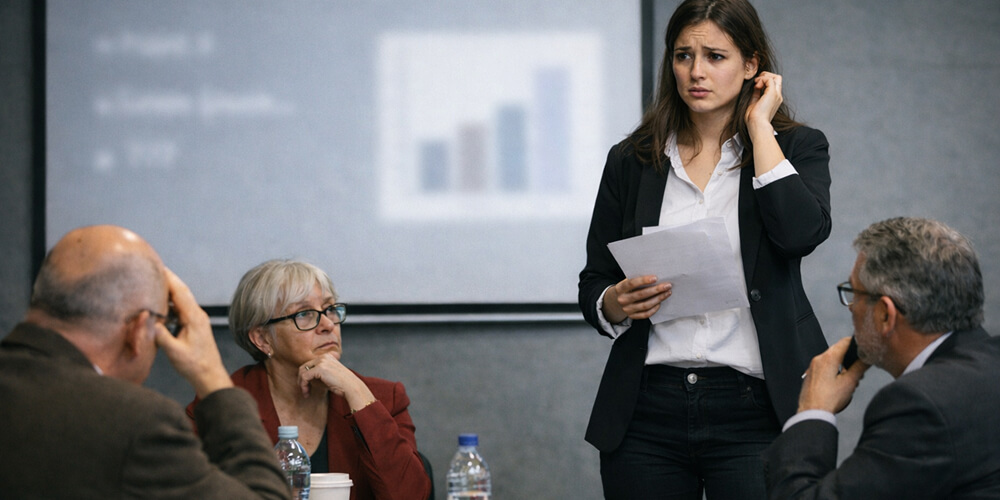 Étudiante stressée présentant sa soutenance de mémoire devant un jury universitaire, tenant ses feuilles à la main, avec une diapositive floutée en arrière-plan illustrant un manque de préparation.