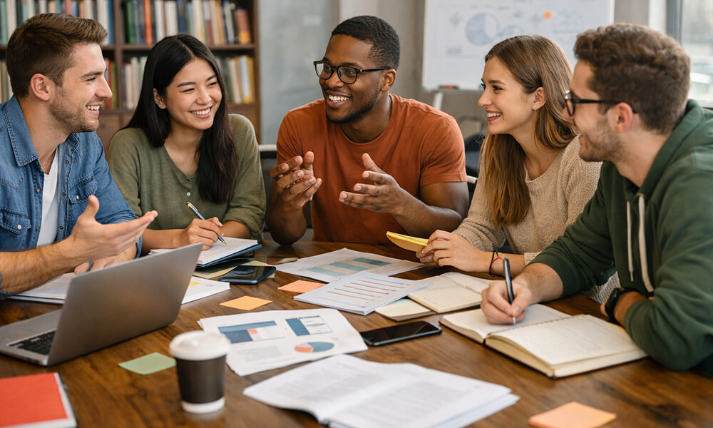 Groupe d’étudiants en salle de travail universitaire discutant autour d’une grande table avec ordinateurs portables, carnets et documents de recherche pour préparer un mémoire.