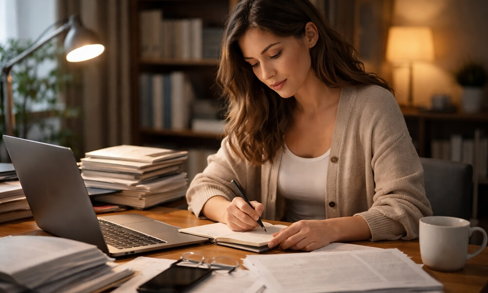 Personne assise à un bureau encombré de documents, écrivant des notes avec un stylo à côté d’un ordinateur portable ouvert, sous un éclairage doux créant une ambiance studieuse.
