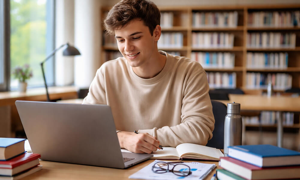 Étudiant assis dans une bibliothèque universitaire, travaillant sur un ordinateur portable avec livres académiques et carnet de notes sur la table.