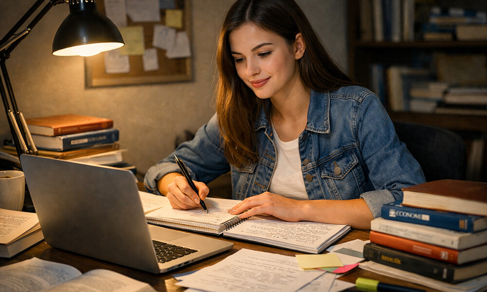 Étudiante assise à son bureau, travaillant sur un ordinateur portable avec des livres universitaires, des notes manuscrites et une lampe de bureau allumée.