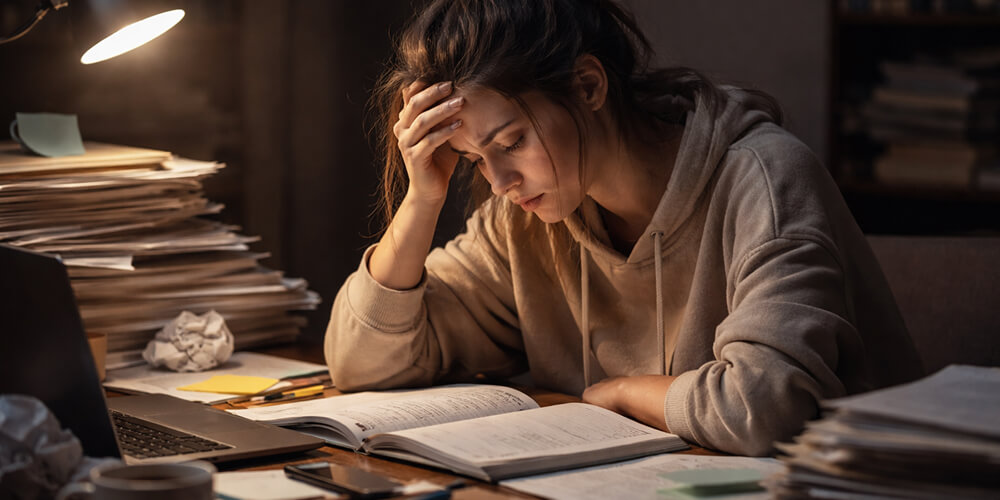 Jeune étudiante assise seule dans une pièce faiblement éclairée, penchée sur ses documents empilés, montrant des signes de fatigue et de stress liés à la surcharge de travail.