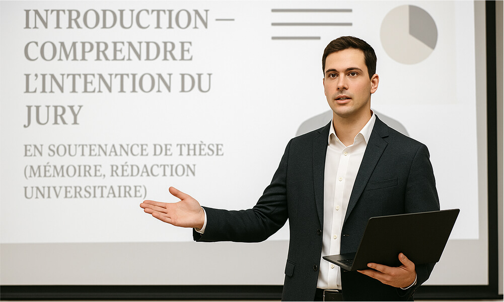Étudiant en costume présentant l’introduction de sa soutenance de thèse devant un jury, tenant un ordinateur portable et expliquant un point de sa présentation projetée à l’écran intitulée « Introduction — Comprendre l’intention du jury (mémoire, rédaction universitaire)