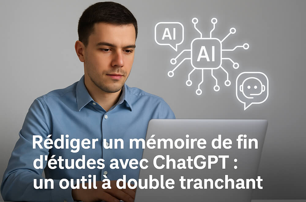 Étudiant rédige son mémoire sur ordinateur avec ChatGPT et icônes d’IA