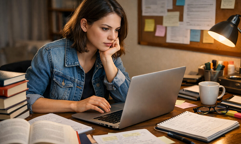 Étudiante universitaire concentrée assise à un bureau, travaillant sur un ordinateur portable entourée de livres, de notes manuscrites et d’un carnet, illustrant la rédaction et l’organisation d’un mémoire académique à l’aide d’outils numériques.