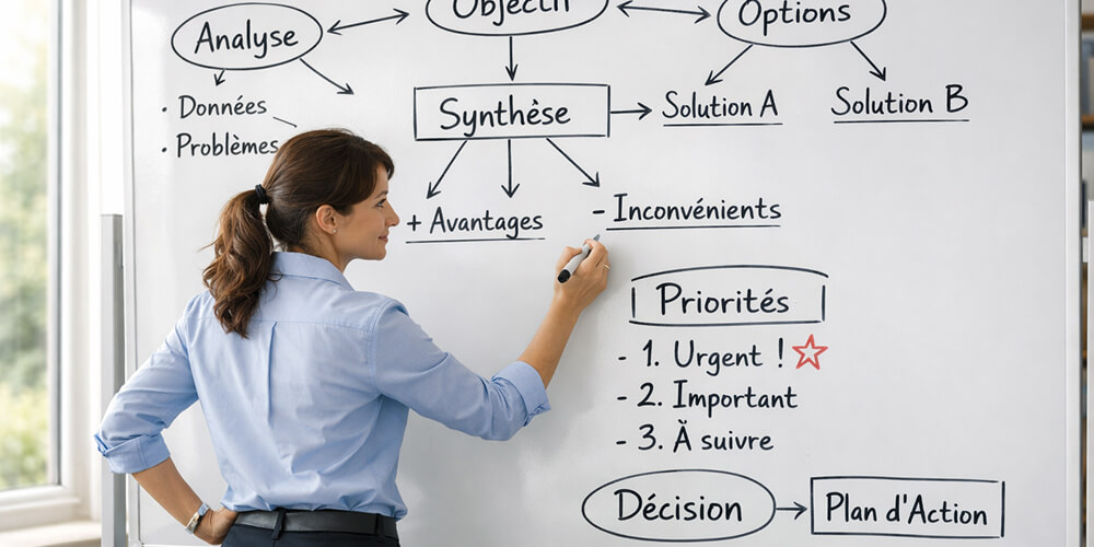 Femme professionnelle debout devant un tableau blanc, organisant ses idées sous forme de schéma avec mots-clés, flèches et priorités, illustrant l’analyse, la synthèse et l’aide à la prise de décision en milieu professionnel.
