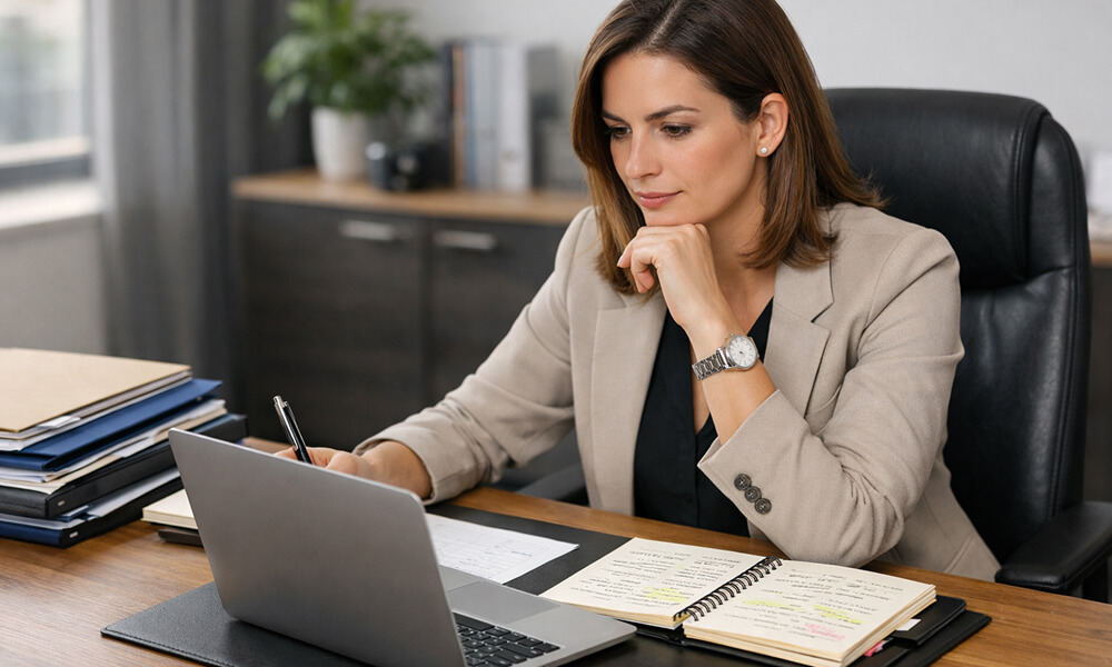 Professionnelle assise à son bureau analysant des données sur un ordinateur portable, entourée d’un carnet de notes, d’un stylo et de dossiers organisés, illustrant une méthode de travail rigoureuse.