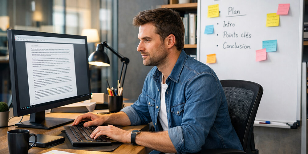 Rédacteur professionnel assis dans un bureau moderne devant un grand écran d’ordinateur, avec un tableau blanc à côté, dans une ambiance de travail dynamique et professionnelle.