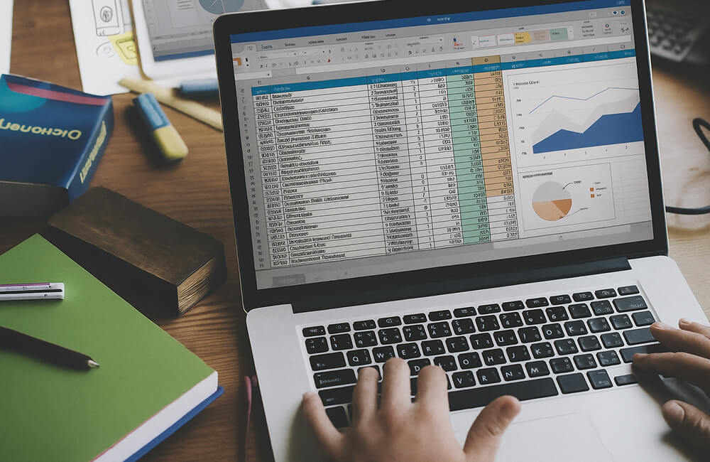 Analyse de données sur un ordinateur portable avec un tableau Excel, des graphiques financiers et des documents de travail sur le bureau.