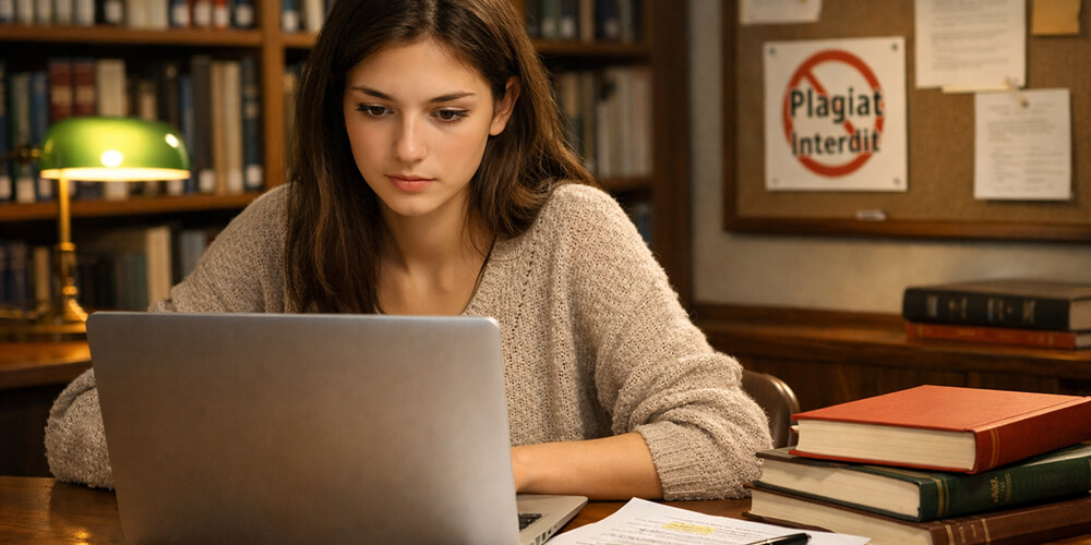Étudiante concentrée travaillant sur son ordinateur portable à un bureau, entourée de livres et de feuilles annotées, dans un environnement de bibliothèque symbolisant le travail universitaire, la recherche académique et la prévention du plagiat.