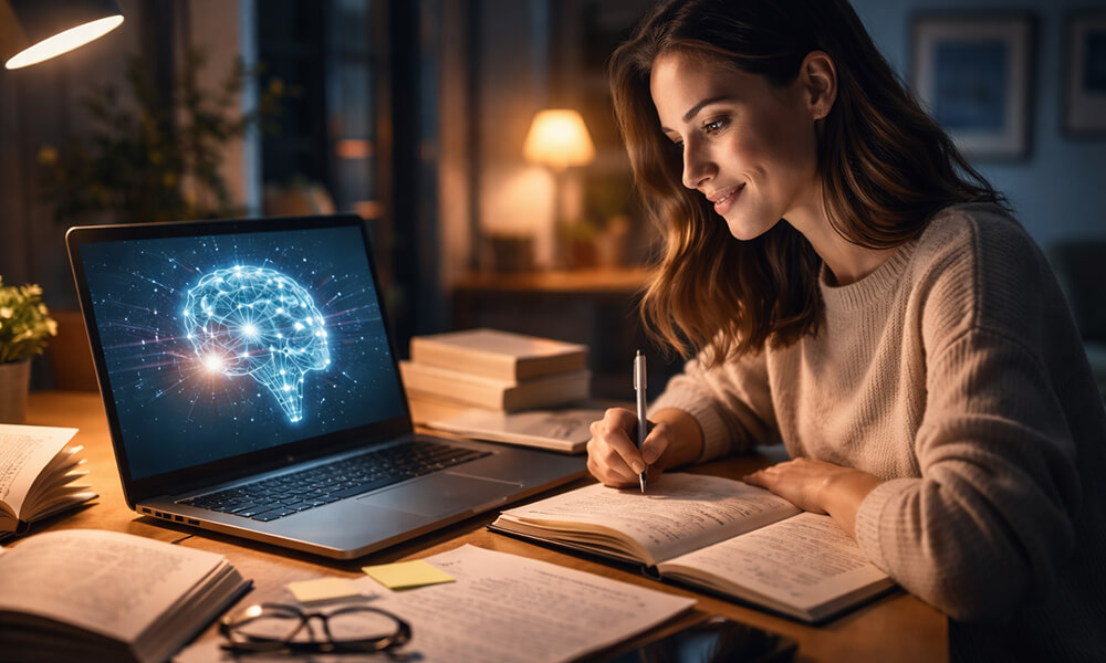 Personne assise à un bureau, éclairée par l’écran d’un ordinateur portable, entourée de livres et de notes, illustrant la rédaction universitaire et la collaboration entre réflexion humaine et intelligence artificielle.