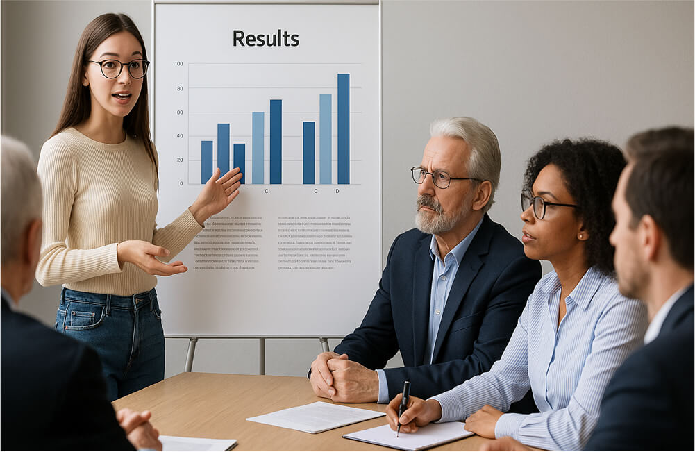 Étudiante présentant les résultats de son mémoire devant un jury, graphique en barres affiché sur un chevalet.