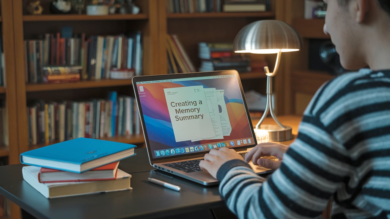 Un étudiant qui travaille sur son ordinateur pour créer un sommaire de mémoire