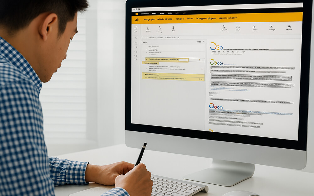 Étudiant travaillant sur un mémoire devant un ordinateur, utilisant un correcteur en ligne pour améliorer la rédaction académique.