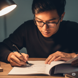 Correcteur de mémoire : Un étudiant qui lit son mémoire