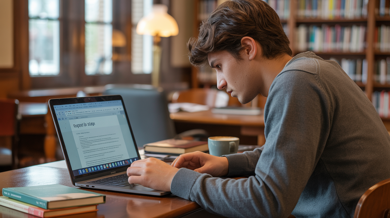 Un étudiant en train de rédiger un rapport de stage