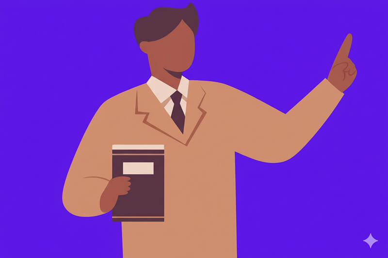 Un professeur illustré tenant un livre et expliquant la méthode IMRaD (Introduction, Méthodes, Résultats, et Discussion) pour la rédaction de documents académiques.