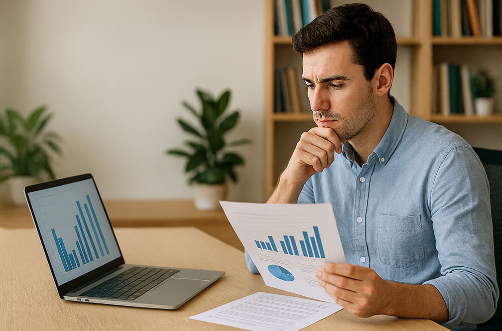 Étudiant concentré travaillant sur son mémoire, analysant des graphiques et des données sur ordinateur et documents papier dans un bureau lumineux et organisé.