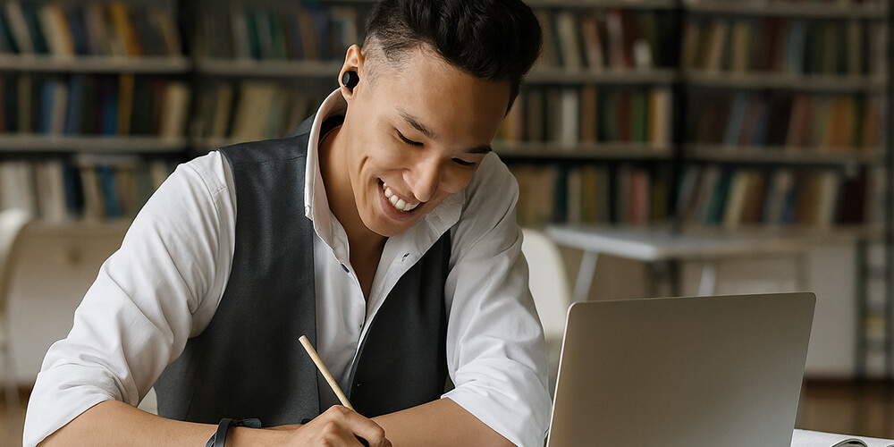 Étudiant concentré travaillant sur son ordinateur portable et écrivant des notes dans une bibliothèque.