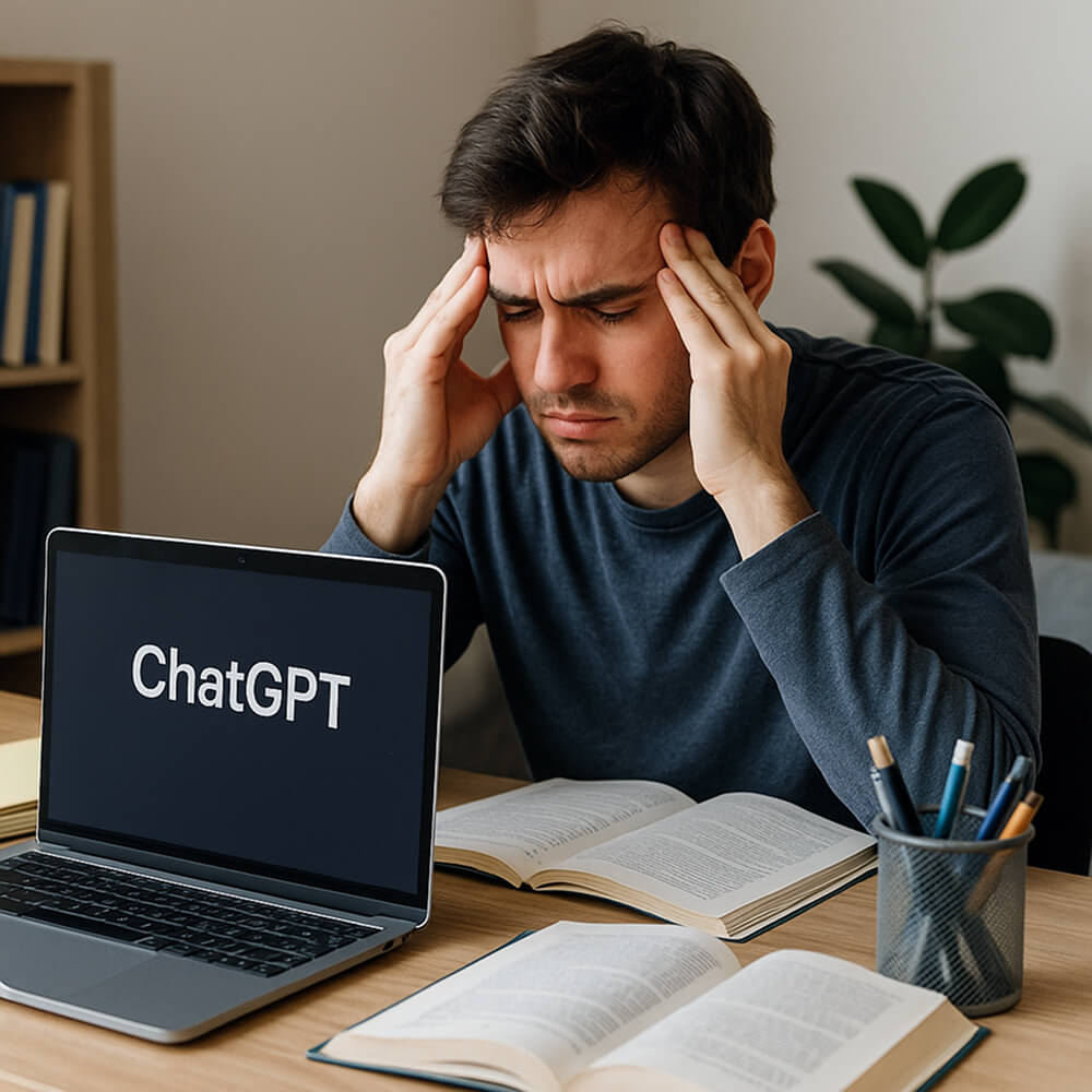 Étudiant stressé à son bureau devant un ordinateur affichant ChatGPT, entouré de livres et de notes, illustrant des recherches difficiles et l’absence de sources fiables.