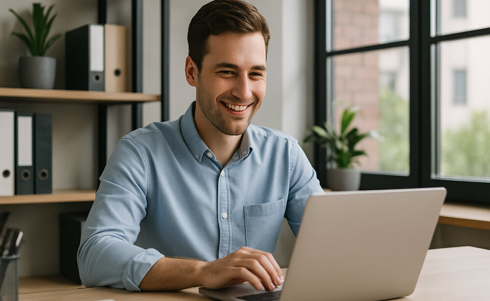 Jeune homme souriant travaillant sur un ordinateur portable dans un bureau moderne et lumineux