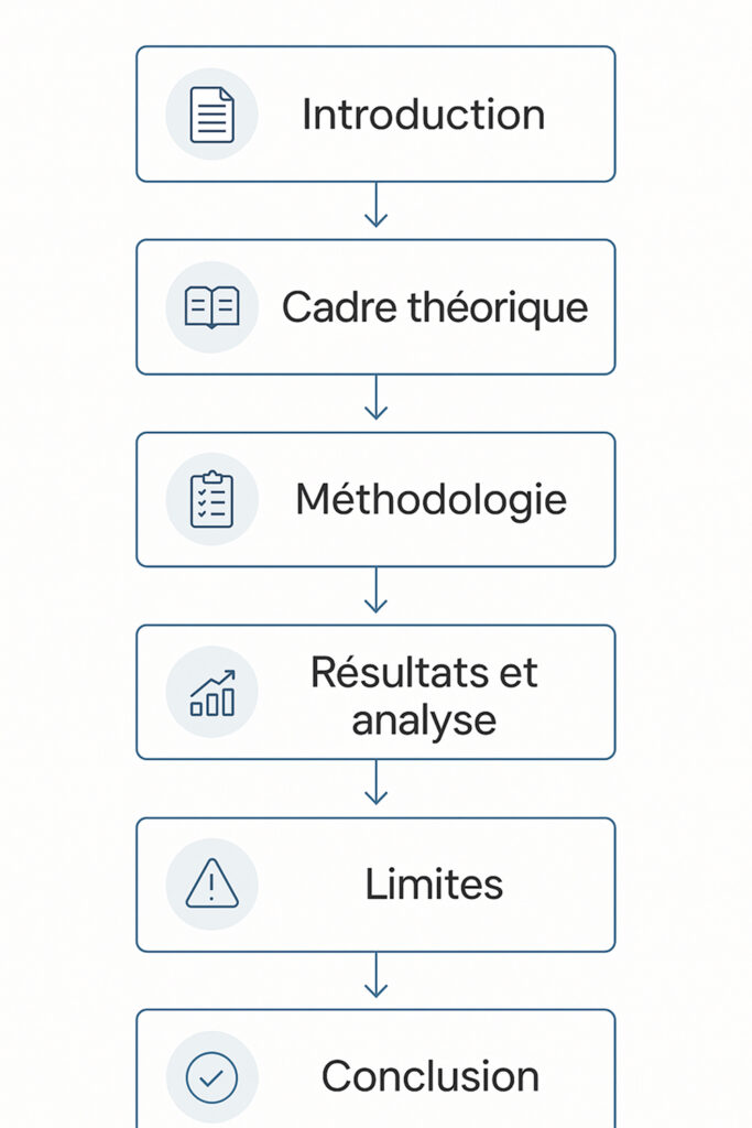 Schéma de la structure d’un mémoire infirmier : introduction, cadre théorique, méthodologie, résultats et analyse, limites, conclusion et bibliographie