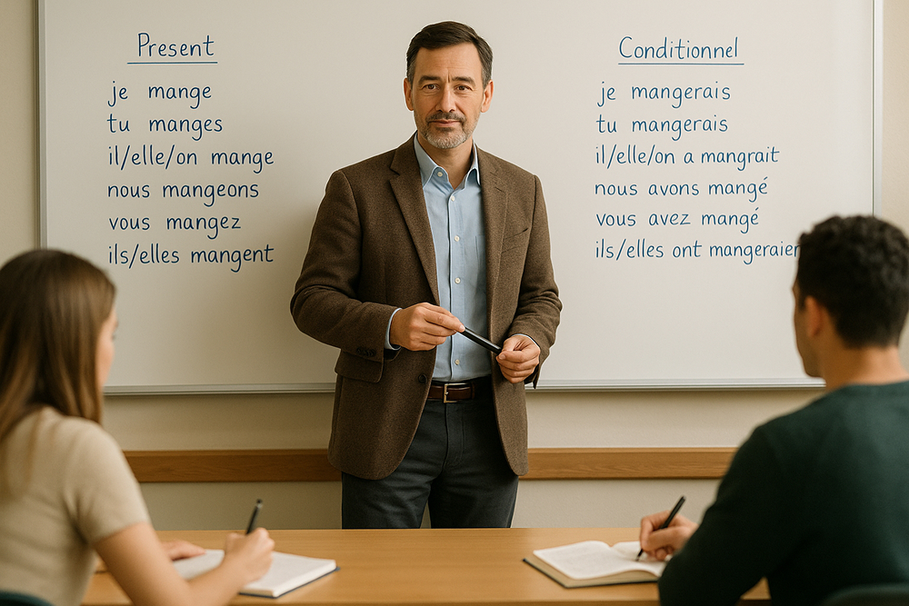 Un enseignant debout devant un tableau blanc où figurent des exemples de verbes conjugués (présent, passé composé, conditionnel). Devant lui, des étudiants prennent des notes.