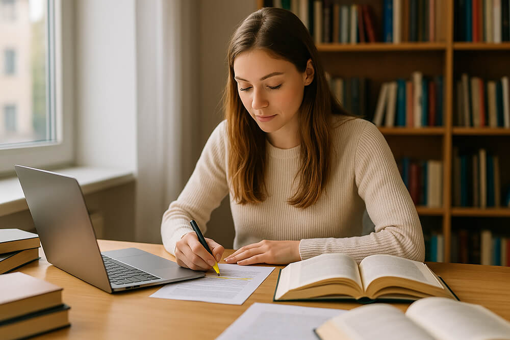 Une étudiante assise à un bureau lumineux, ordinateur portable ouvert, entourée de livres et de notes manuscrites. Elle relit son texte en surlignant des phrases, concentrée et sereine.