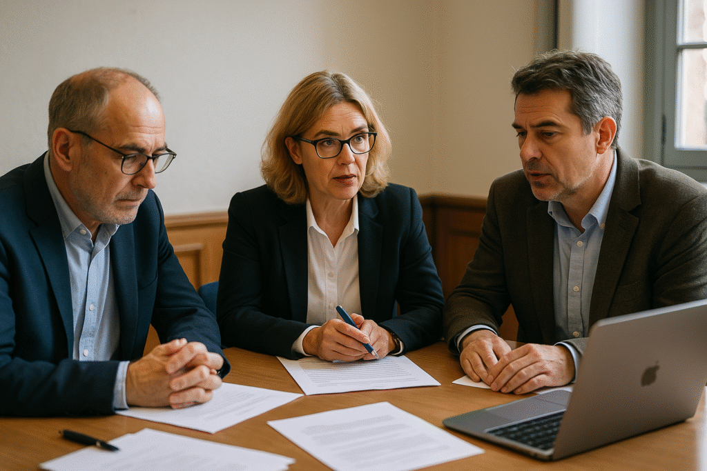 Trois professeurs d’université discutent autour d’une table en bois, concentrés sur les copies et un ordinateur portable, dans une salle de soutenance éclairée par la lumière du jour.