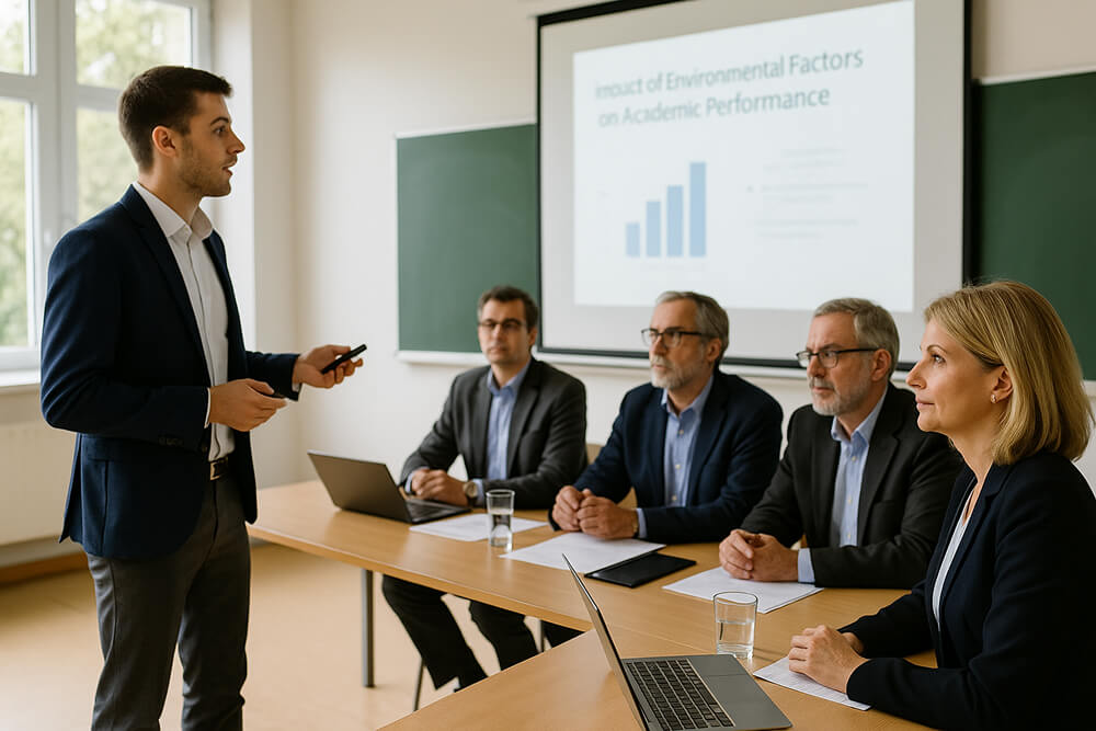 Étudiant présentant son mémoire devant trois professeurs, debout près de l’écran de projection, ambiance académique lumineuse.