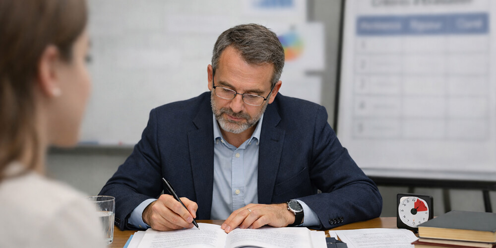 Enseignant universitaire analysant un mémoire lors d’une soutenance, prenant des notes avec un stylo tandis qu’une étudiante l’écoute attentivement, dans une salle d’examen académique.