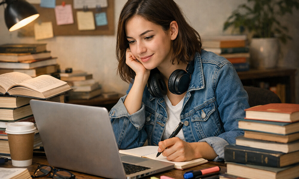 Étudiante assise à son bureau travaillant sur un ordinateur portable, entourée de livres et de cahiers, dans un environnement de travail calme et studieux.