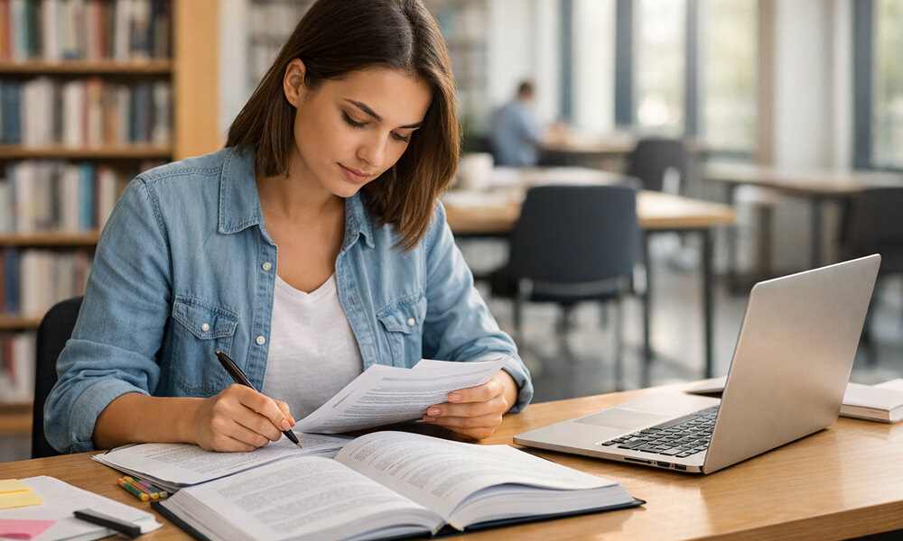 Étudiante préparant sa soutenance de mémoire universitaire en relisant son travail académique et ses notes sur ordinateur dans une salle d’étude calme