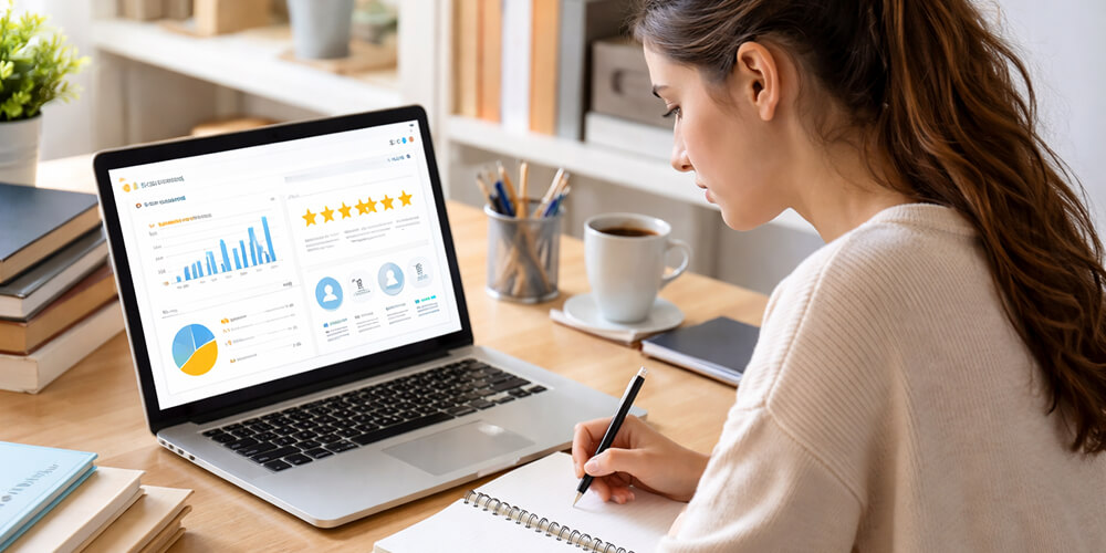 Étudiante assise à un bureau, analysant un site web sur son ordinateur portable avec des graphiques de performance, des évaluations visuelles et des notes manuscrites dans un carnet, dans un environnement universitaire calme et organisé.