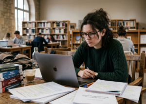 Illustration d'un étudiant universitaire assis à son bureau, entouré de livres et de documents académiques, regardant son ordinateur portable avec une expression de doute et de réflexion.