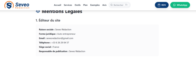 Capture des mentions légales de Seveoredaction.fr — structure juridique auto-entrepreneur, adresse vague, pas de SIRET