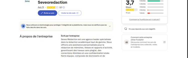Capture du profil Trustpilot de Seveoredaction.fr montrant l'absence d'avis clients accessibles