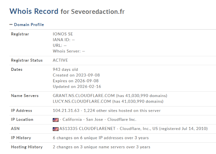 Données WHOIS du domaine Seveoredaction.fr — créé en septembre 2023, hébergé aux États-Unis via Cloudflare