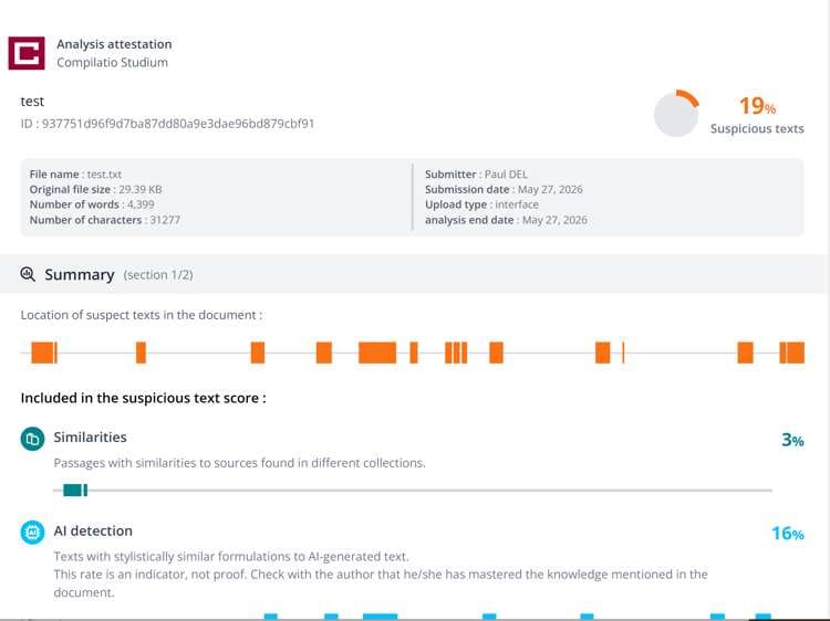 Exemple de rapport de scan Compilatio anti-plagiat et anti-IA